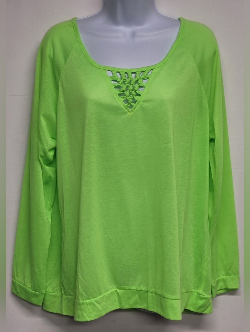 Deb 2X Vintage Semi Sheer Top Knotted Neck Long Sleeve Neon Green New